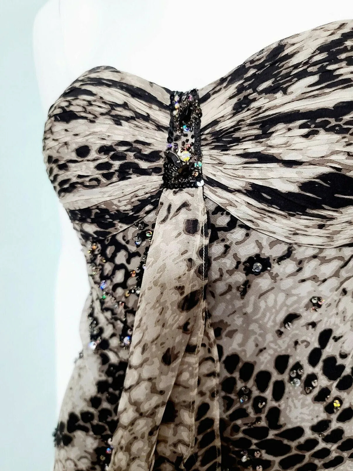 00's Silk Boho Beaded Snakeskin Print Silk Chiffon Mini Dress by Diane Freis