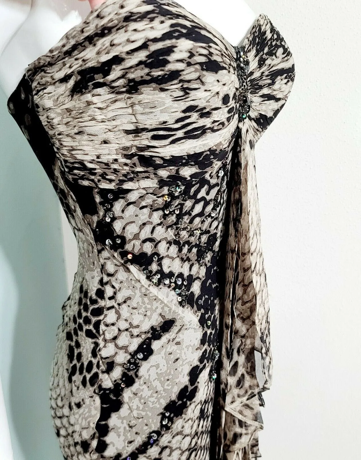 00's Silk Boho Beaded Snakeskin Print Silk Chiffon Mini Dress by Diane Freis