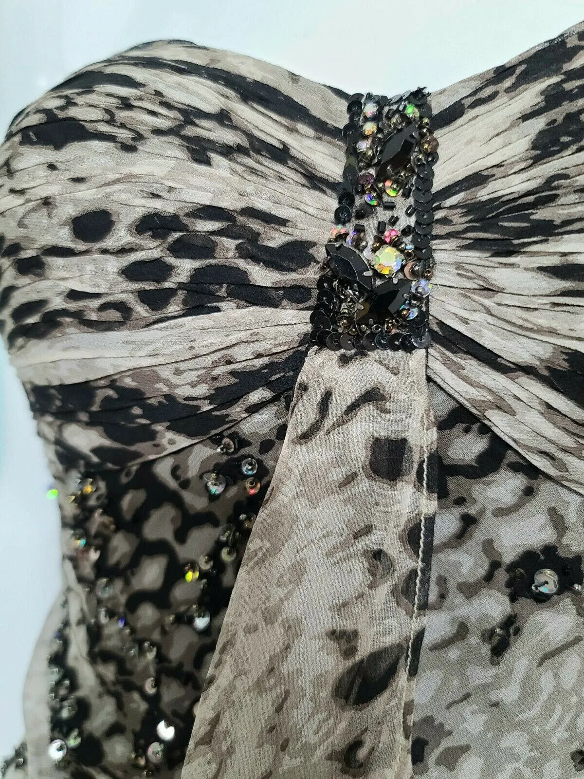 00's Silk Boho Beaded Snakeskin Print Silk Chiffon Mini Dress by Diane Freis