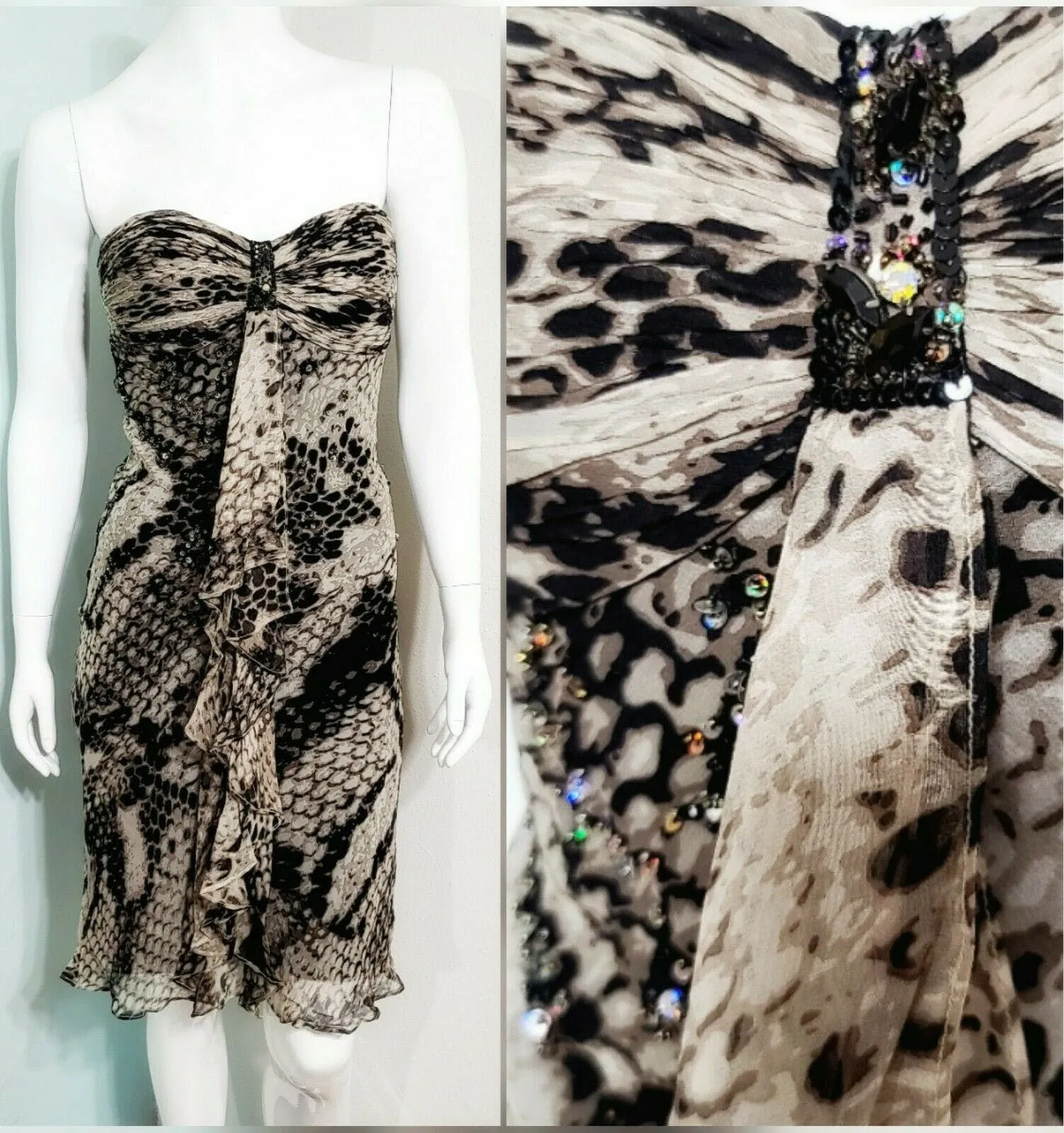 00's Silk Boho Beaded Snakeskin Print Silk Chiffon Mini Dress by Diane Freis