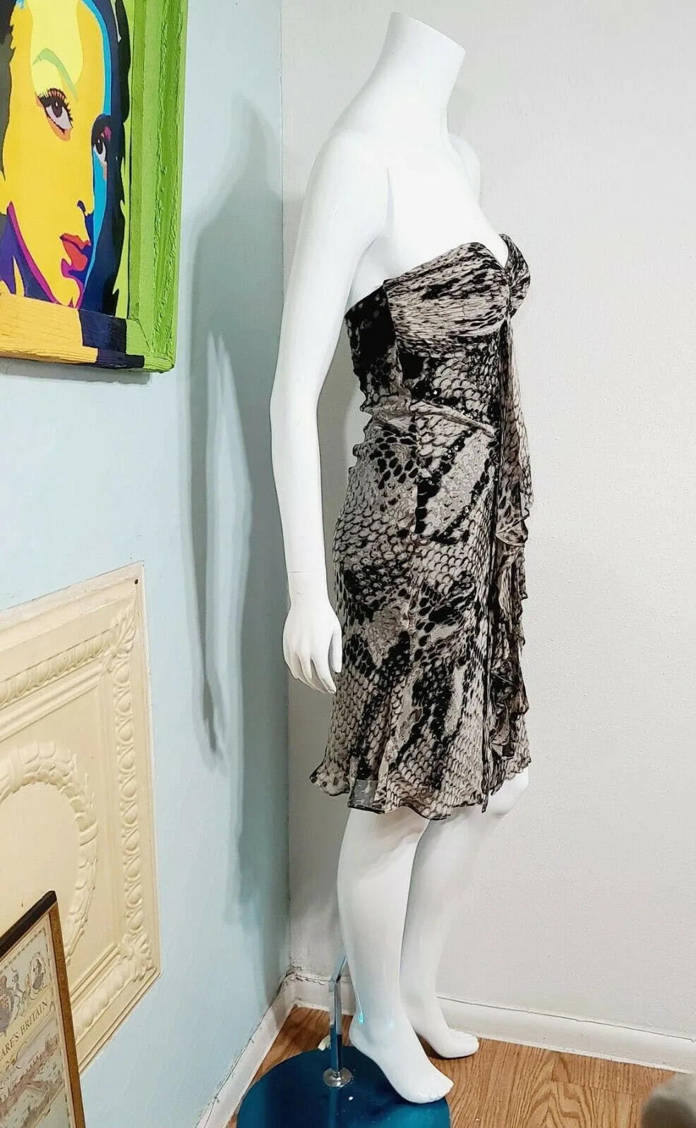 00's Silk Boho Beaded Snakeskin Print Silk Chiffon Mini Dress by Diane Freis