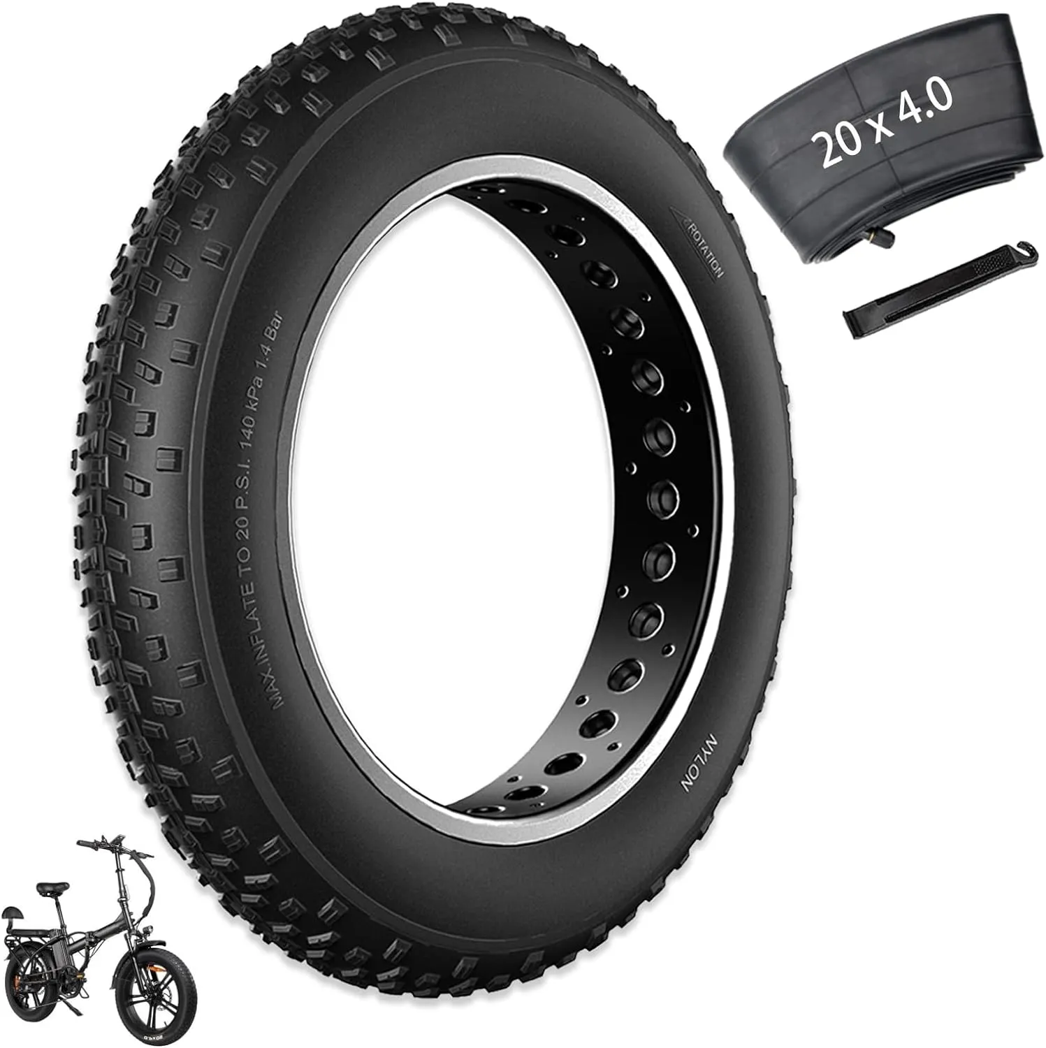 20x4 /26x4 Fat Bike Tire Replacement Kit, 20x4.0 /26x4.0 Inch Electric Bicycle Snow Mountain E-Bike Tires, Folding Ebike Fat Tire Tubes and Tire Levers Compatible Wide Mountain Snow Bike Tires