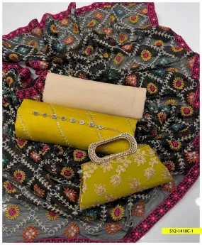 3 PC Unstitched Shamoz Silk Shirt Chiffon With Plain Masoori Trouser