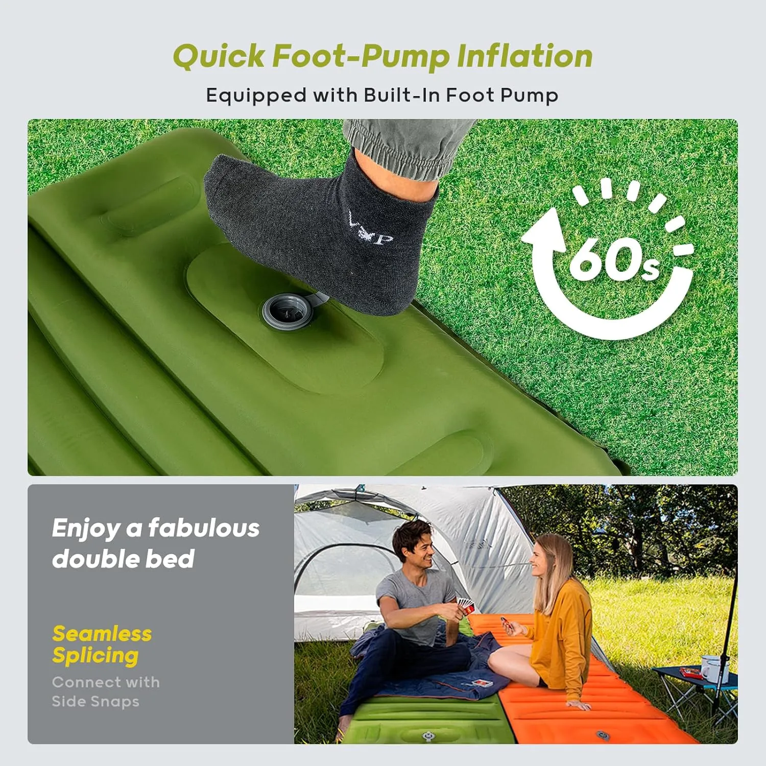 4 Inch Thick Inflatable Sleeping Pad for Camping, with Foot Pump and Pillow, Lightweight Camping Mattress for Outdoors, Backpacking, Hiking