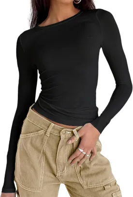 Abardsion Women's Long Sleeve Shirts Spring 2025 Casual Basic Going Out Crop Tops Slim Fit Tight Y2K Clothes