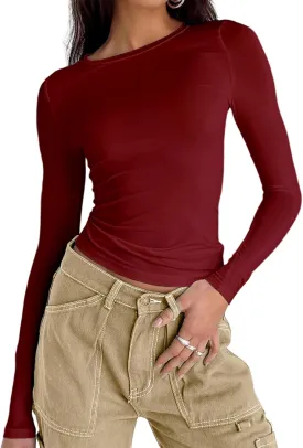 Abardsion Women's Long Sleeve Shirts Spring 2025 Casual Basic Going Out Crop Tops Slim Fit Tight Y2K Clothes