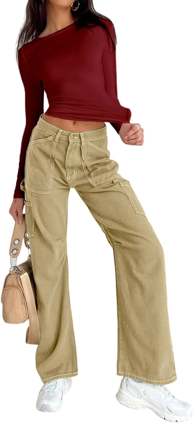 Abardsion Women's Long Sleeve Shirts Spring 2025 Casual Basic Going Out Crop Tops Slim Fit Tight Y2K Clothes