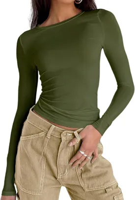 Abardsion Women's Long Sleeve Shirts Spring 2025 Casual Basic Going Out Crop Tops Slim Fit Tight Y2K Clothes