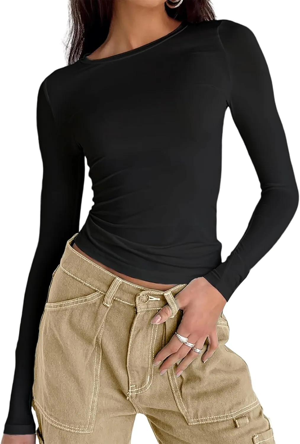 Abardsion Women's Long Sleeve Shirts Spring 2025 Casual Basic Going Out Crop Tops Slim Fit Tight Y2K Clothes