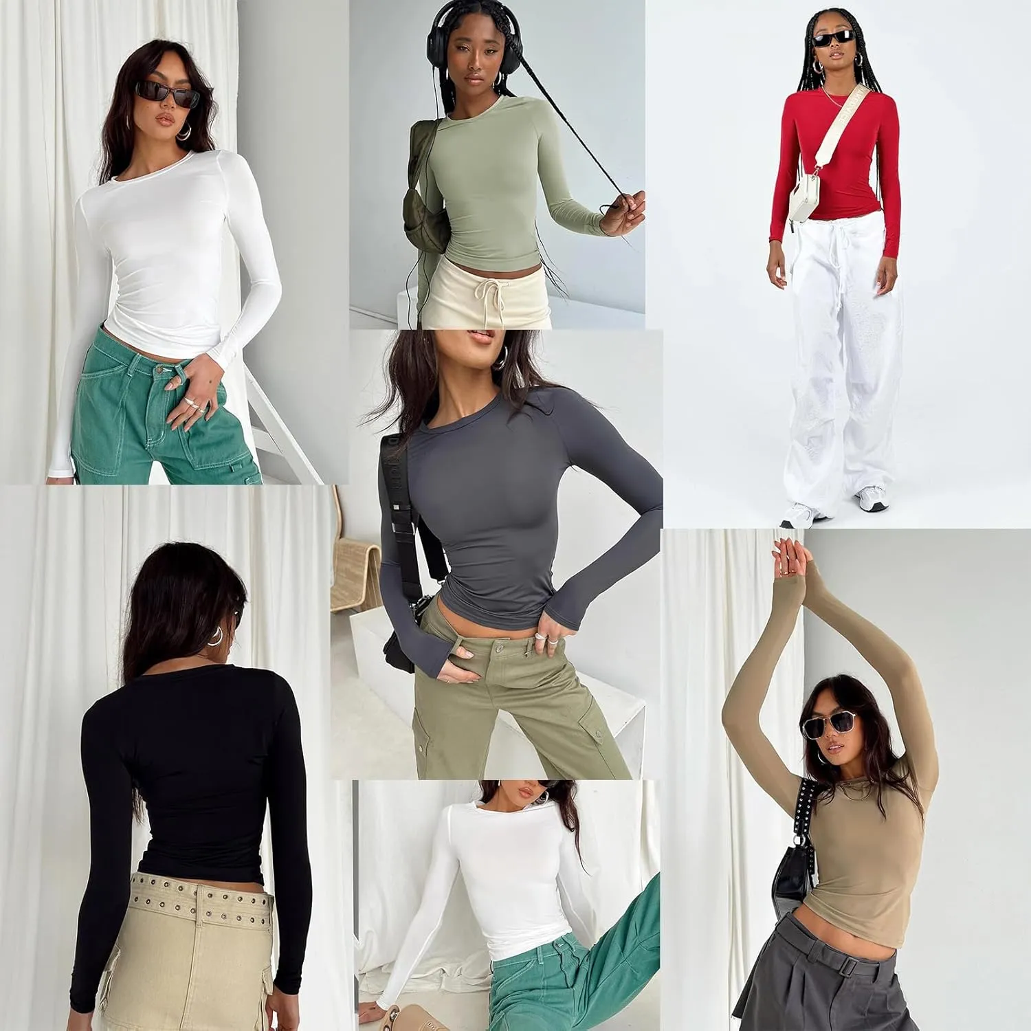 Abardsion Women's Long Sleeve Shirts Spring 2025 Casual Basic Going Out Crop Tops Slim Fit Tight Y2K Clothes
