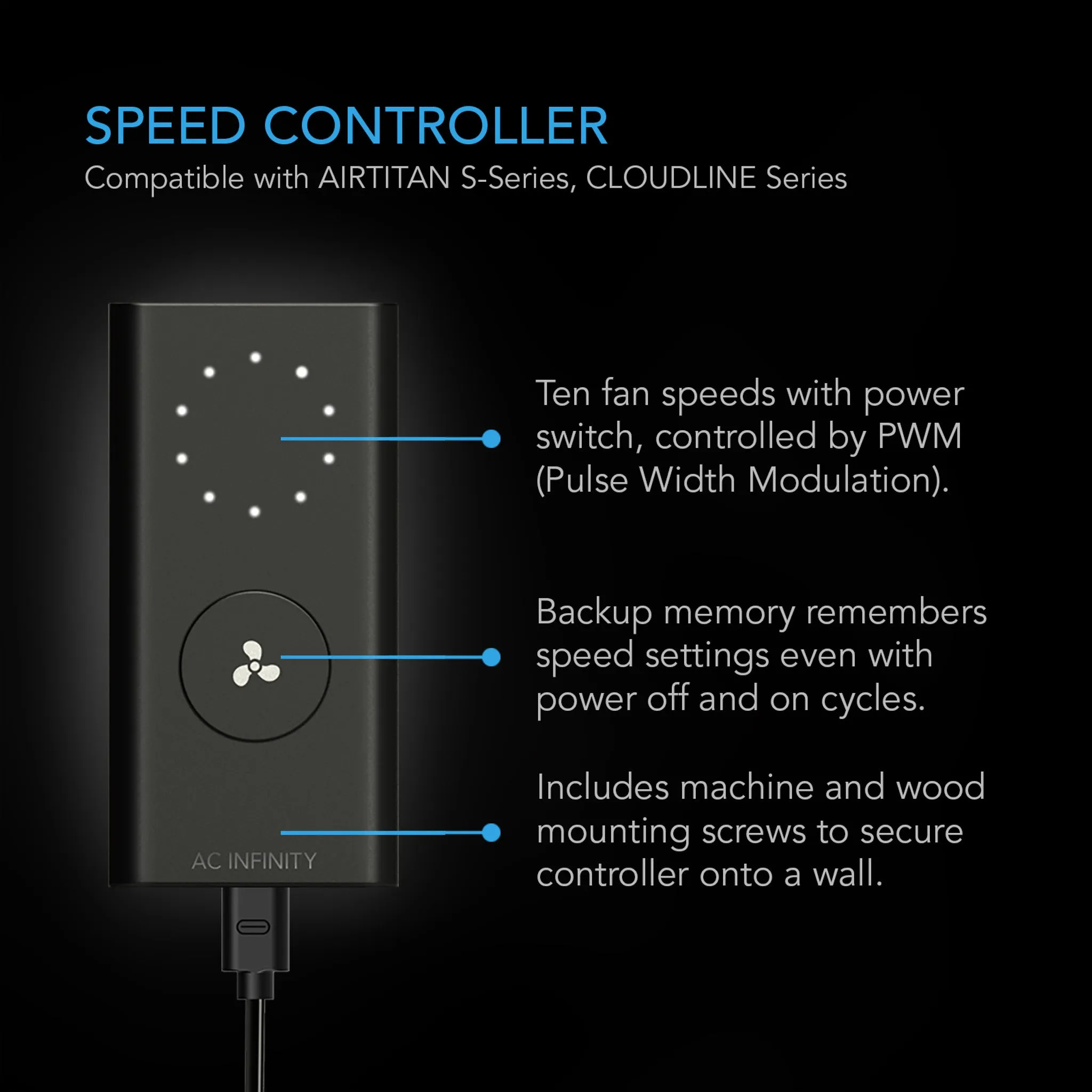 AC Infinity AIRTITAN S7 Crawl Space Fan With Speed Controller - 12 inch