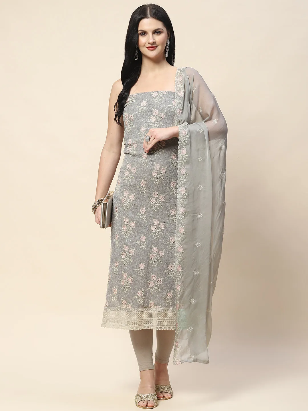 All Over Embroidery Chiffon Unstitched Suit Piece With Dupatta