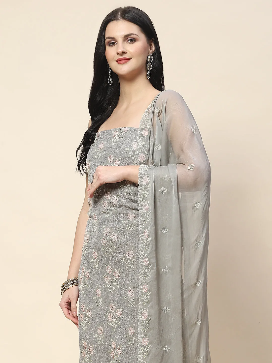 All Over Embroidery Chiffon Unstitched Suit Piece With Dupatta