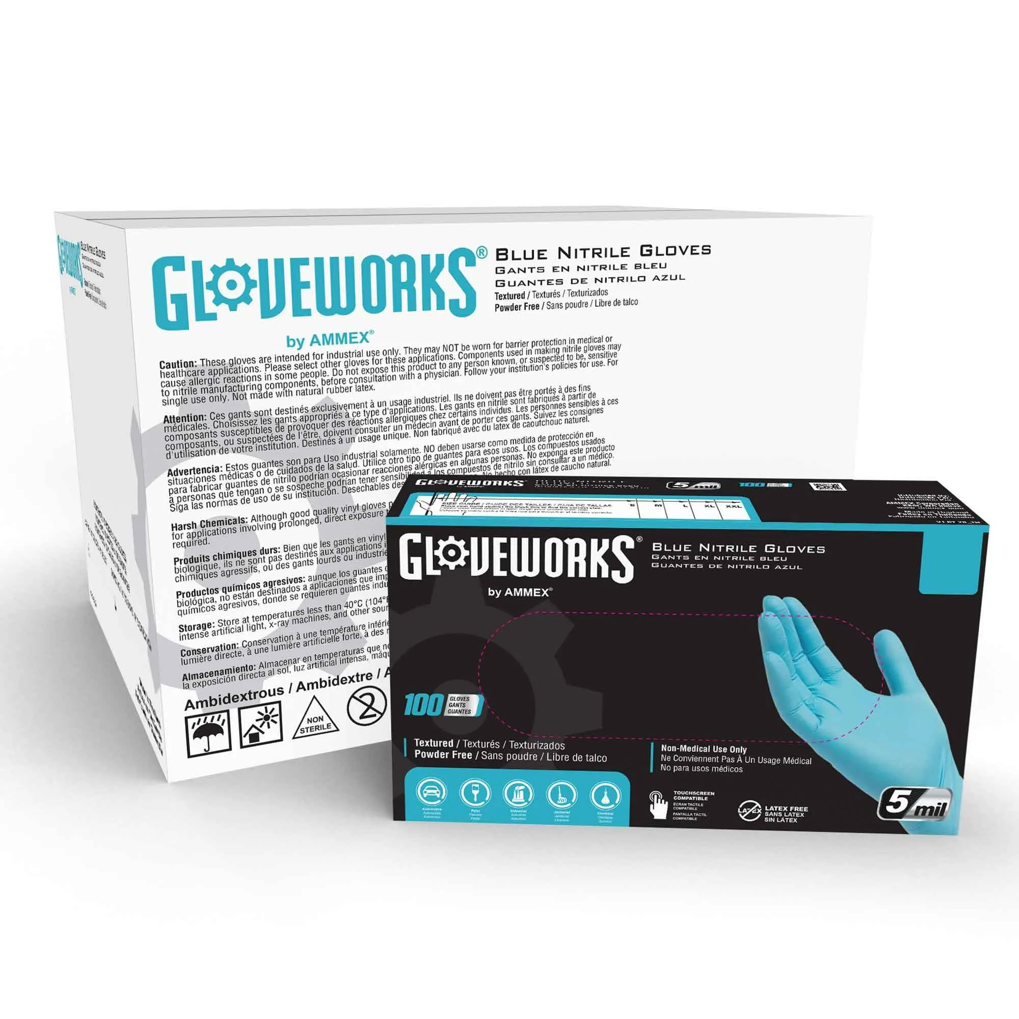 AMMEX Gloveworks Blue Nitrile Industrial Latex Free Disposable Gloves (Case of 1000)- INPF