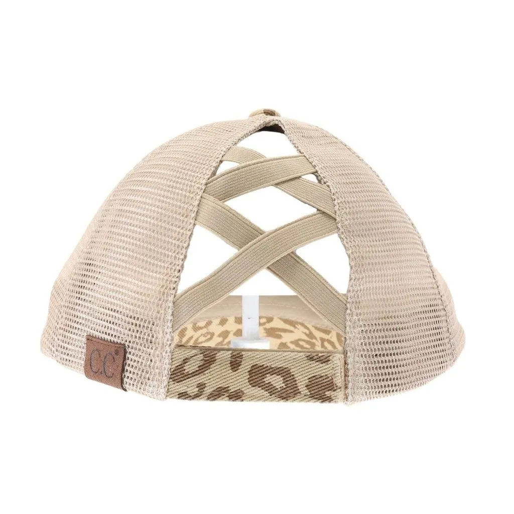 CC Beanie Leopard Crisscross Ladies High Ponytail Hat
