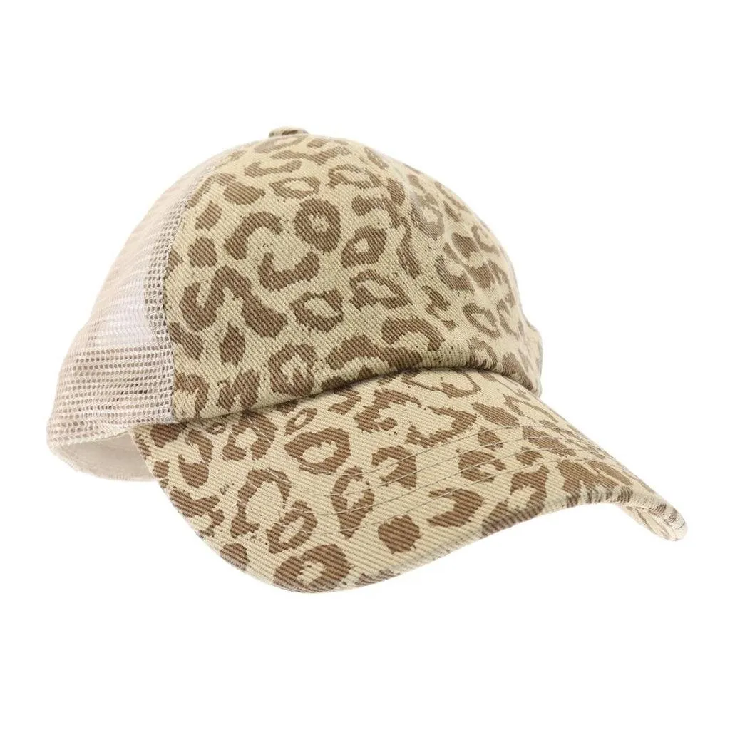 CC Beanie Leopard Crisscross Ladies High Ponytail Hat