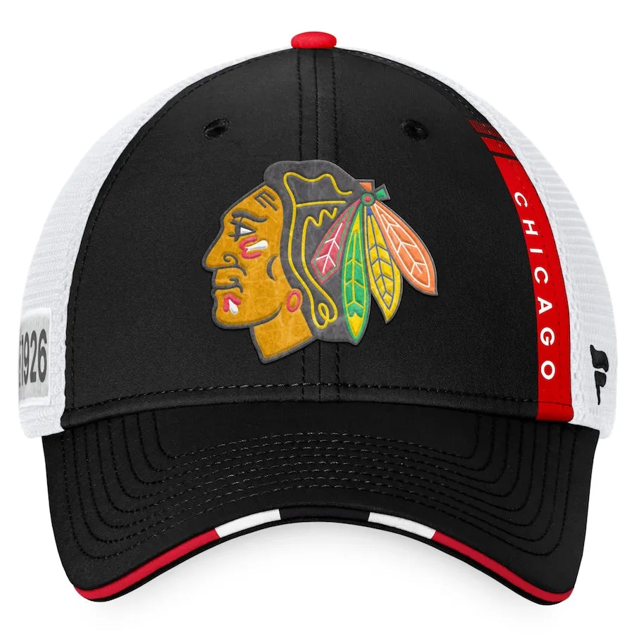 Chicago Blackhawks Fanatics Branded 2022 NHL Draft Authentic Pro On Stage Trucker Adjustable Hat - Black/White