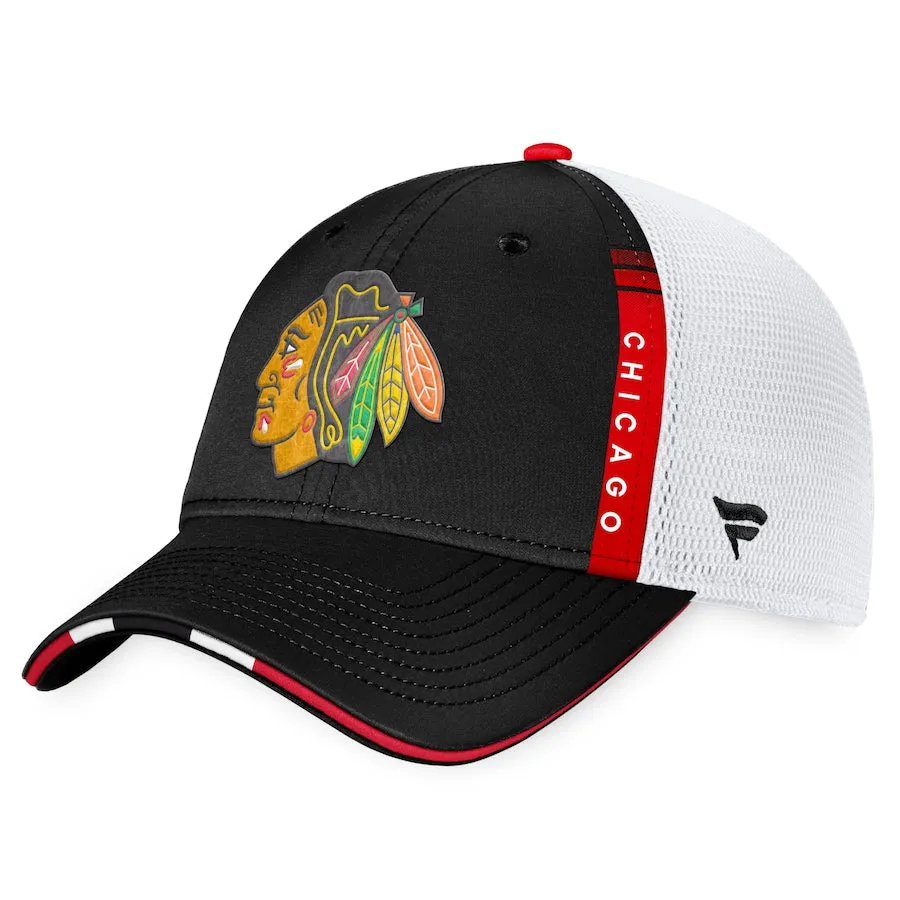 Chicago Blackhawks Fanatics Branded 2022 NHL Draft Authentic Pro On Stage Trucker Adjustable Hat - Black/White