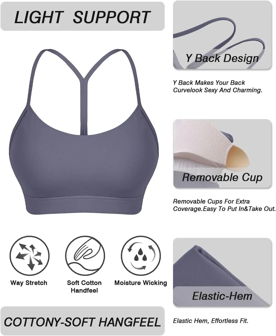 Comper Y Back Sports Bra for Women Low Impact Racerback Workout Bras Sexy Thin Straps Yoga Bras with Removable Pads
