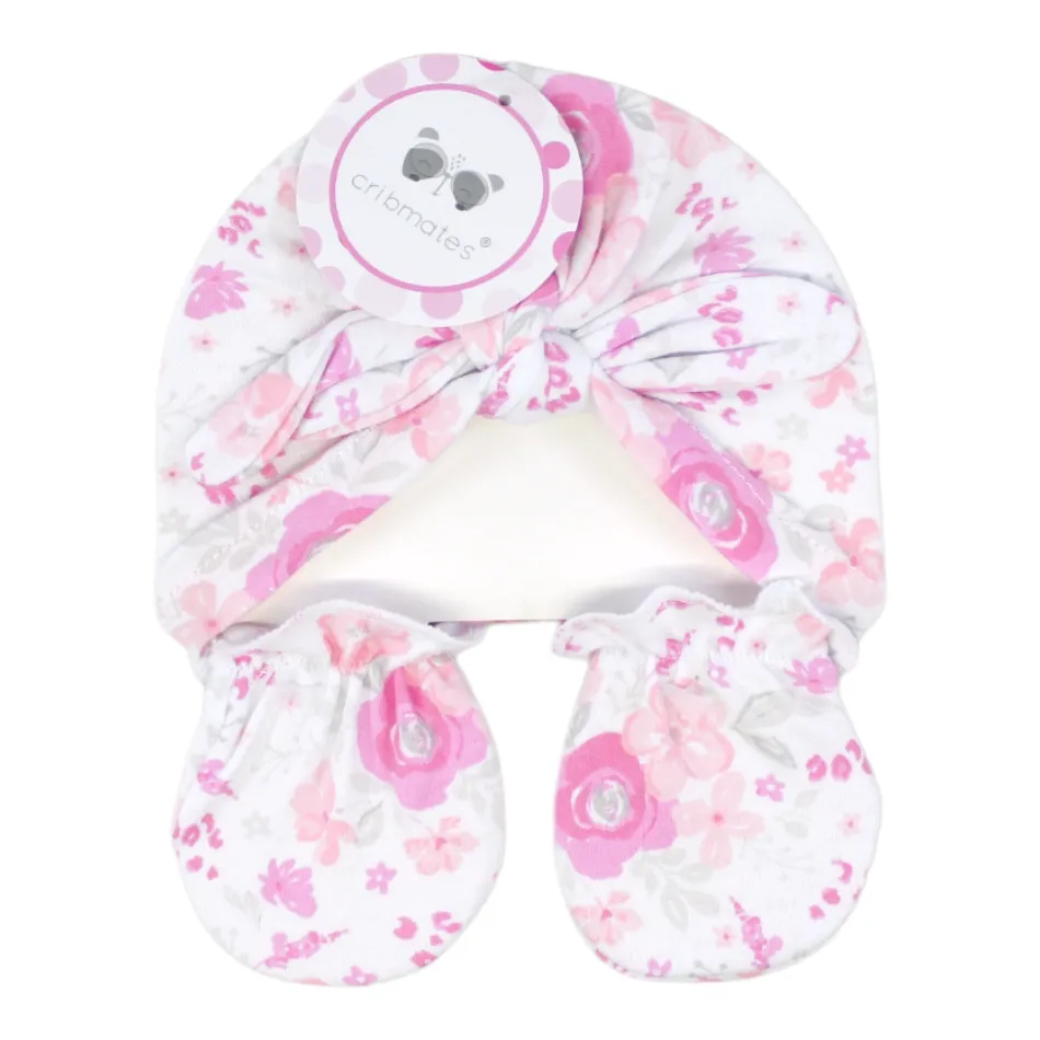 Cribmates 2 Pk Turban Cap And Mittens Set - Pink Floral