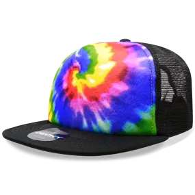 Decky 1079 5 Panel Tie Dye Trucker Hat, Tiedye Flat Bill Hat, Snapback