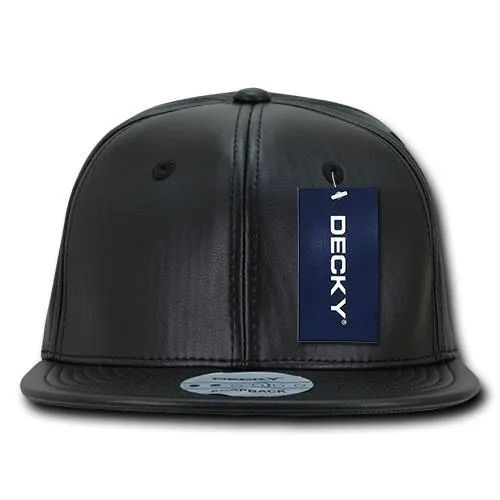 Decky 1103 Faux Leather Snapback Hat, 6 Panel Flat Bill Cap