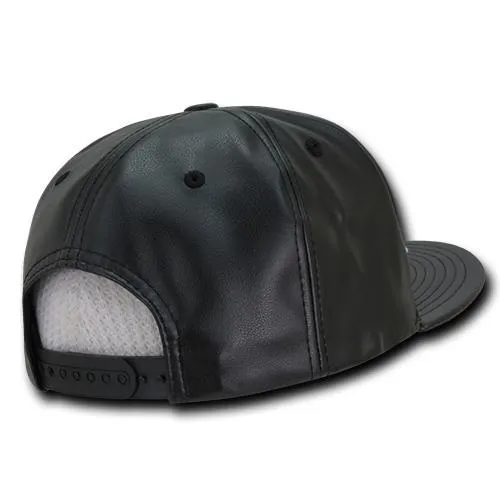 Decky 1103 Faux Leather Snapback Hat, 6 Panel Flat Bill Cap