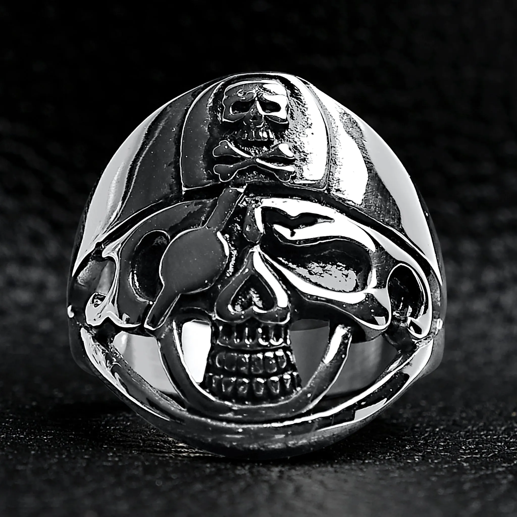 Detailed Eye Patch Skull With Skull Hat Stainless Steel Ring / SCR4028