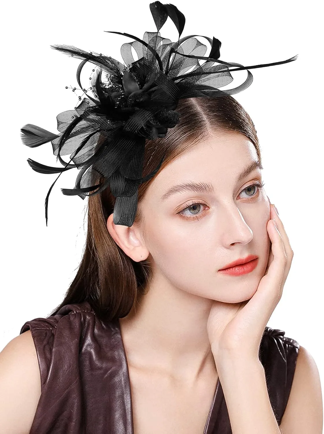 Fascinator Hats for Women Feather Flower Hair Clip Brooch Wedding Tea Party Hat Derby Race Headwear