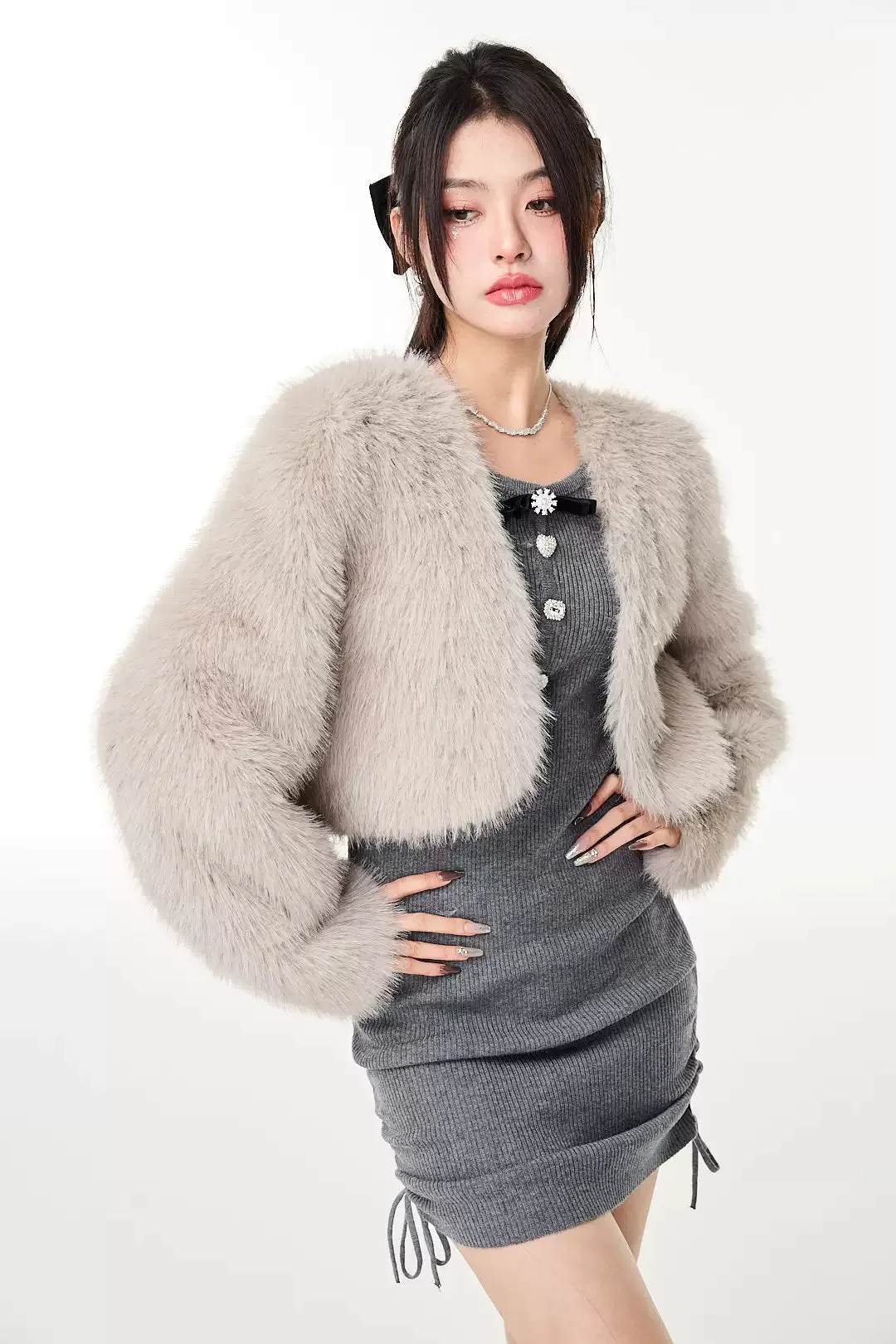 Faux Fur Cropped Jacket with Jewel Buttons