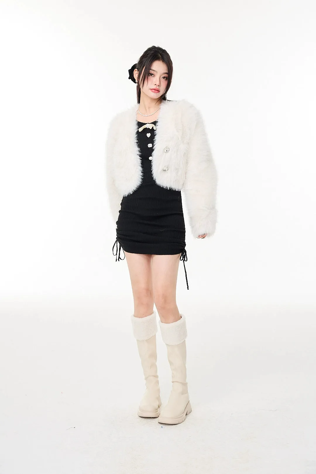 Faux Fur Cropped Jacket with Jewel Buttons