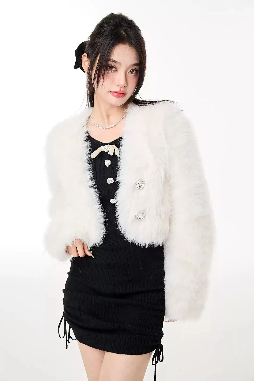 Faux Fur Cropped Jacket with Jewel Buttons