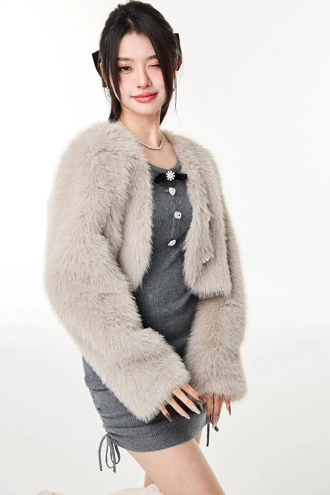 Faux Fur Cropped Jacket with Jewel Buttons