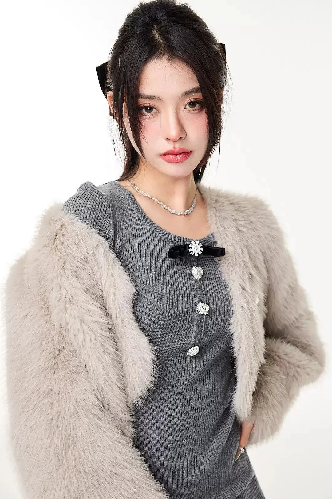 Faux Fur Cropped Jacket with Jewel Buttons