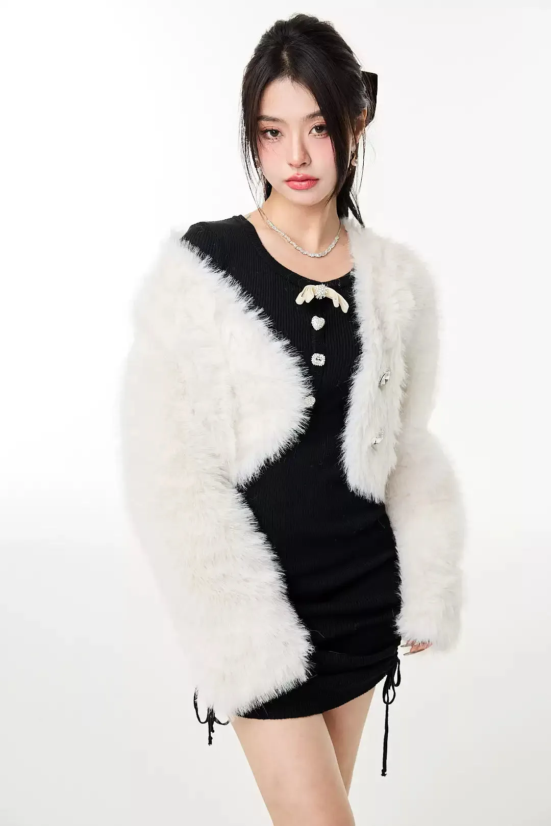 Faux Fur Cropped Jacket with Jewel Buttons