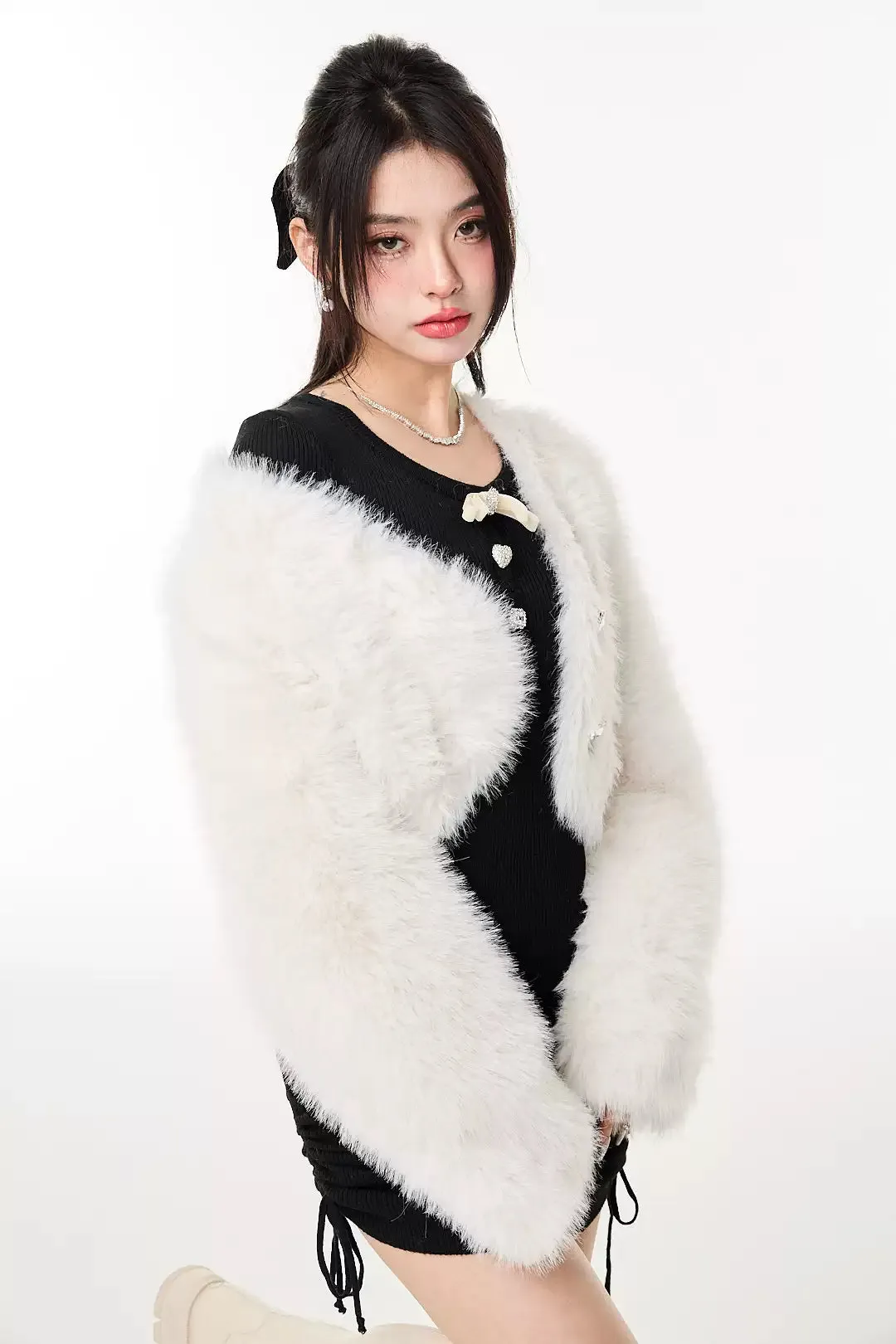 Faux Fur Cropped Jacket with Jewel Buttons
