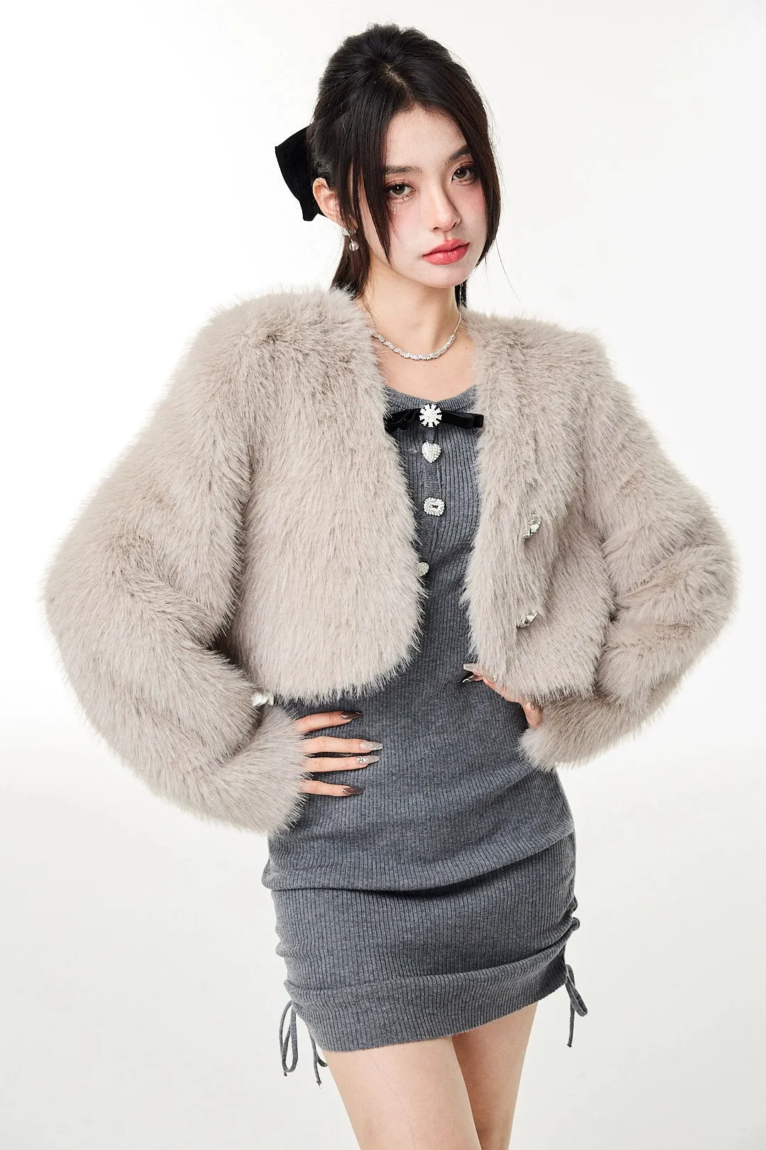 Faux Fur Cropped Jacket with Jewel Buttons