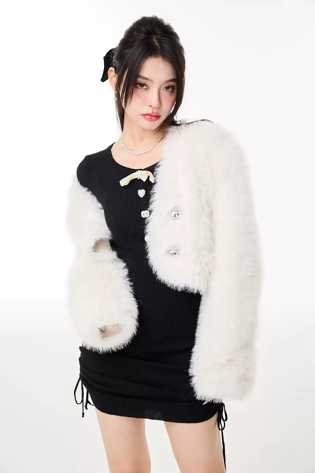 Faux Fur Cropped Jacket with Jewel Buttons