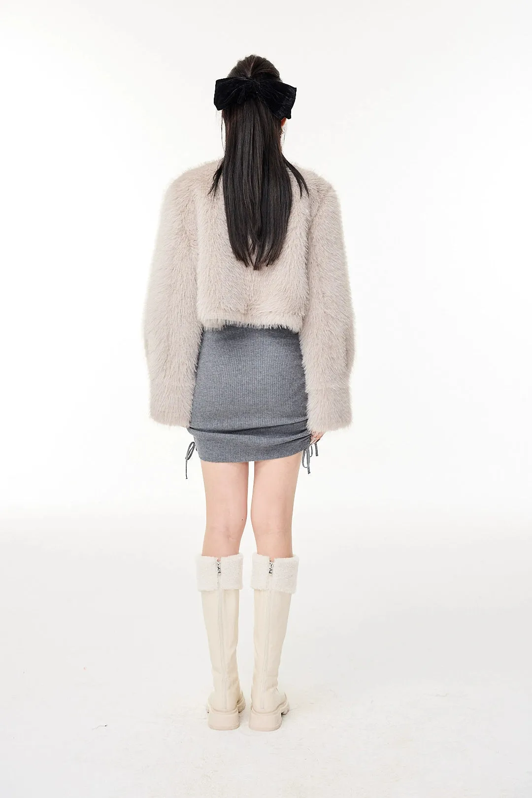 Faux Fur Cropped Jacket with Jewel Buttons