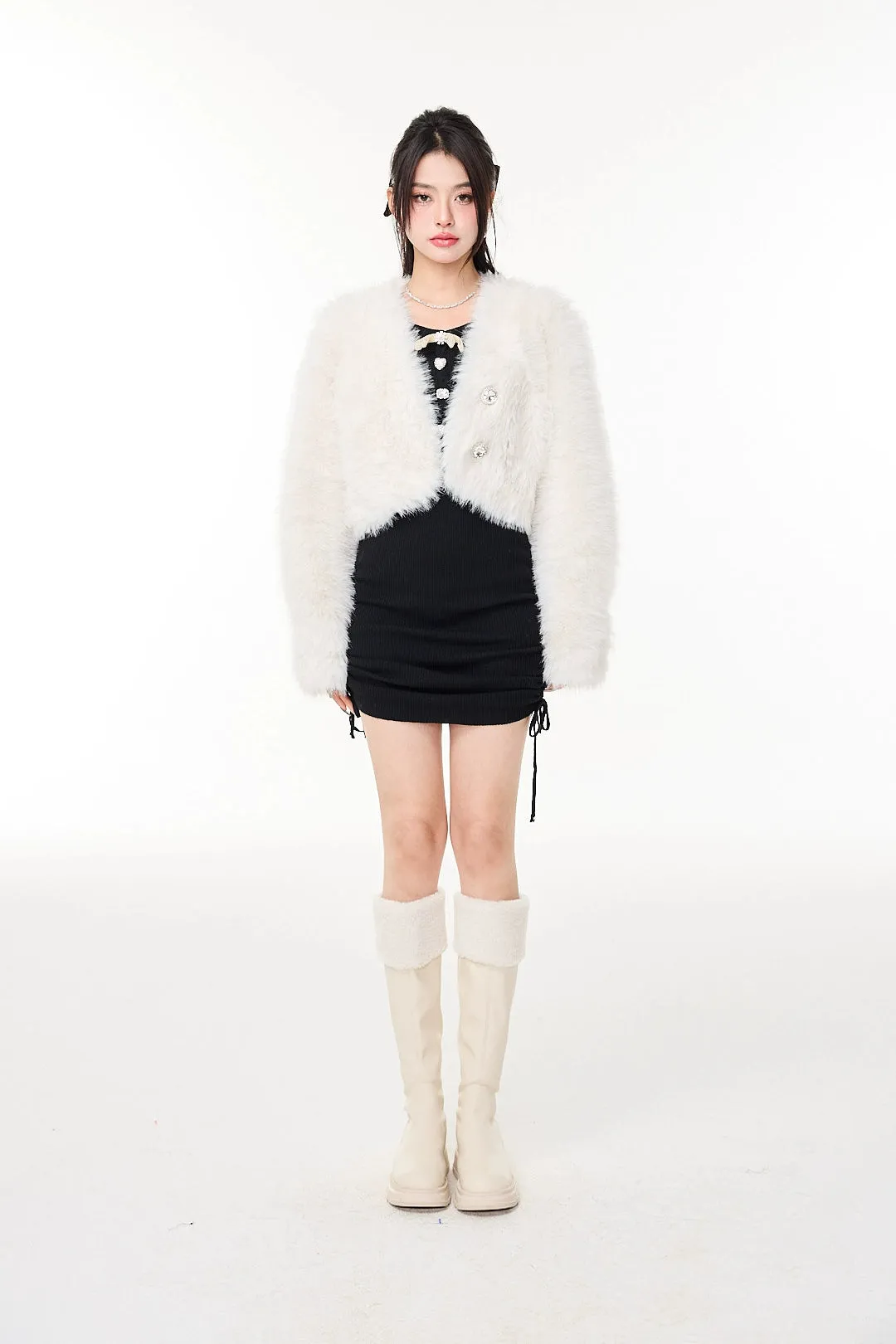 Faux Fur Cropped Jacket with Jewel Buttons