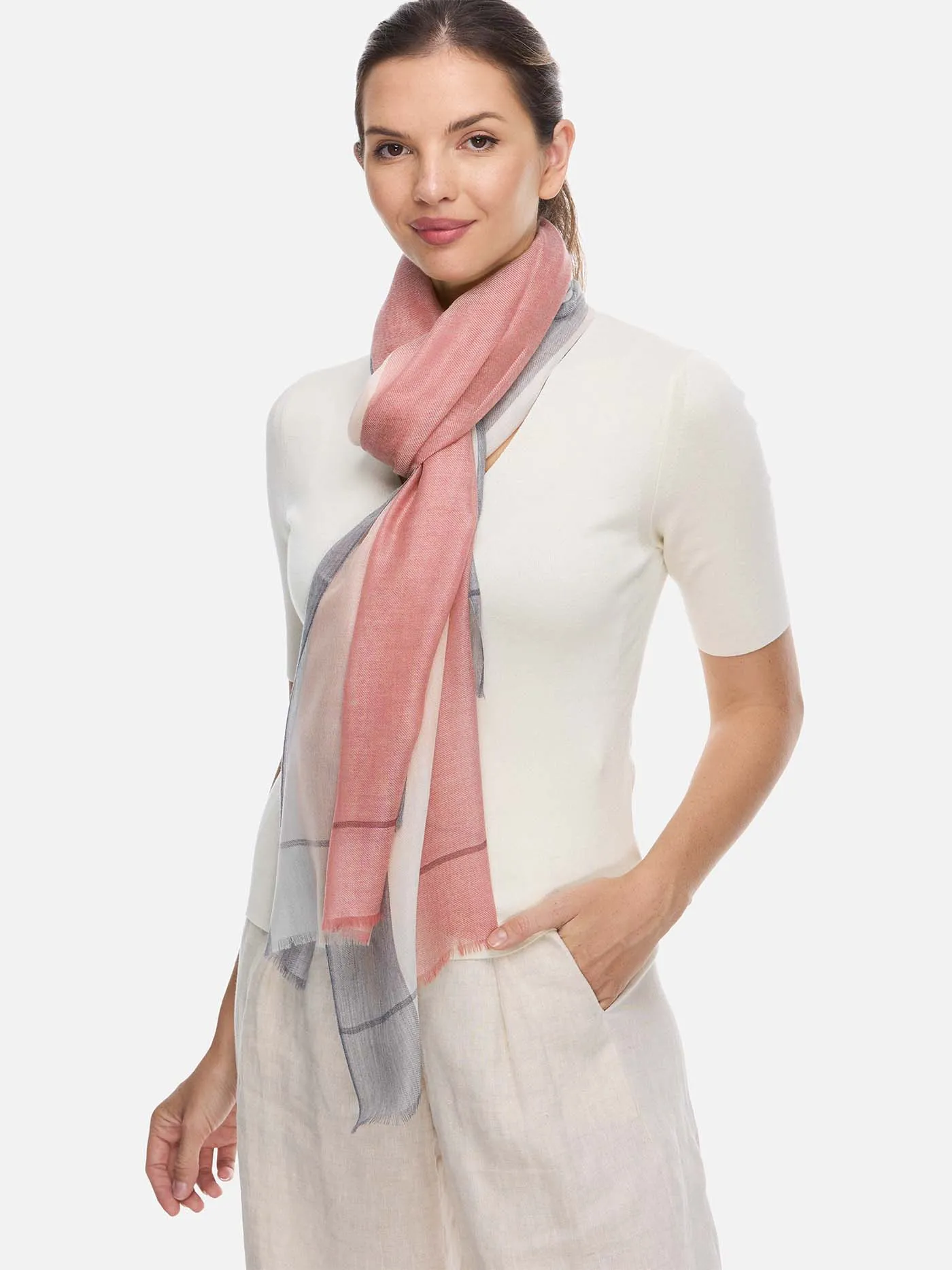 Featherlight Pink White Cashmere Scarf