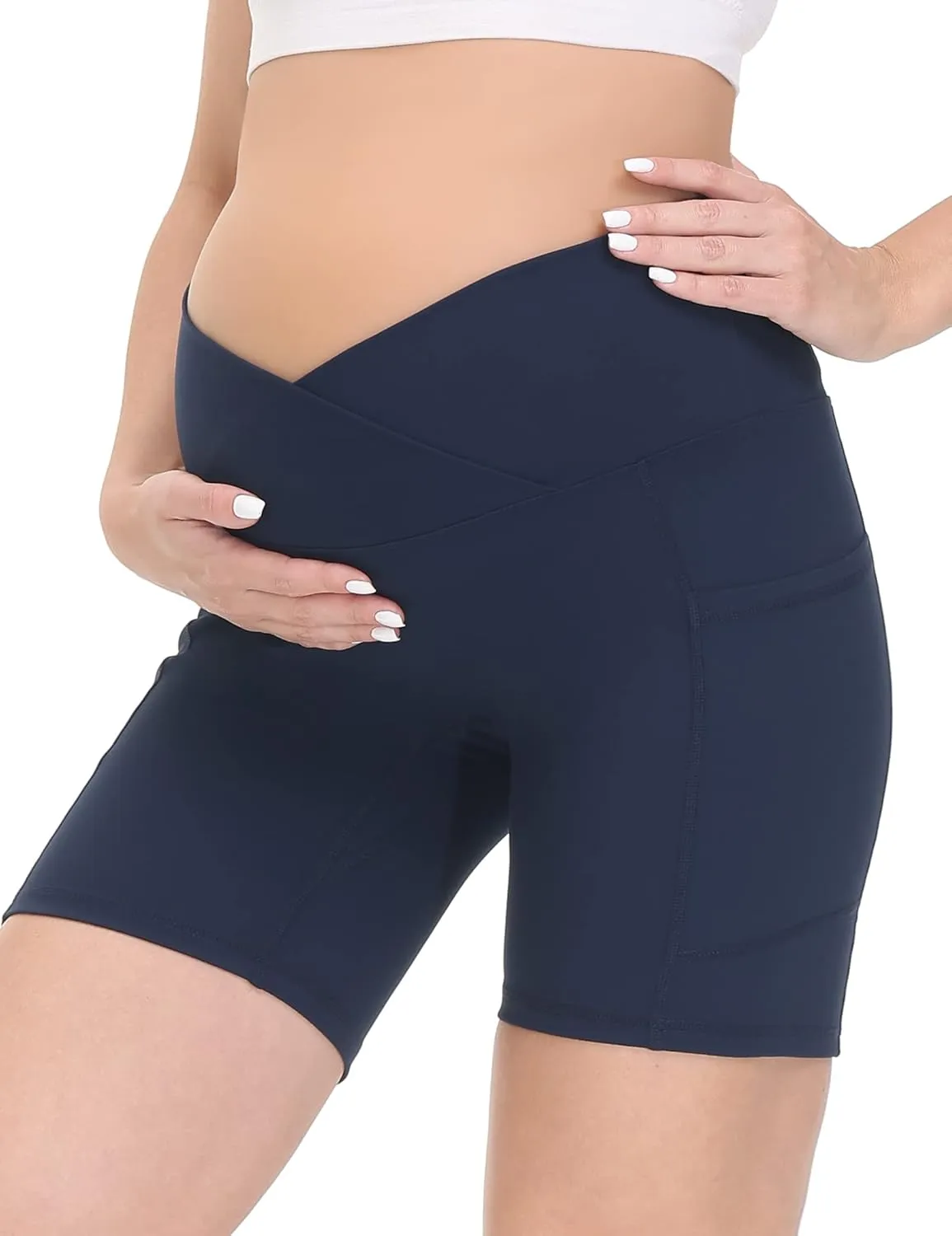 HOFISH Maternity Shorts for Women Over The Belly Pregancy Biker Shorts Workout Active Running Short Pants with Pockets