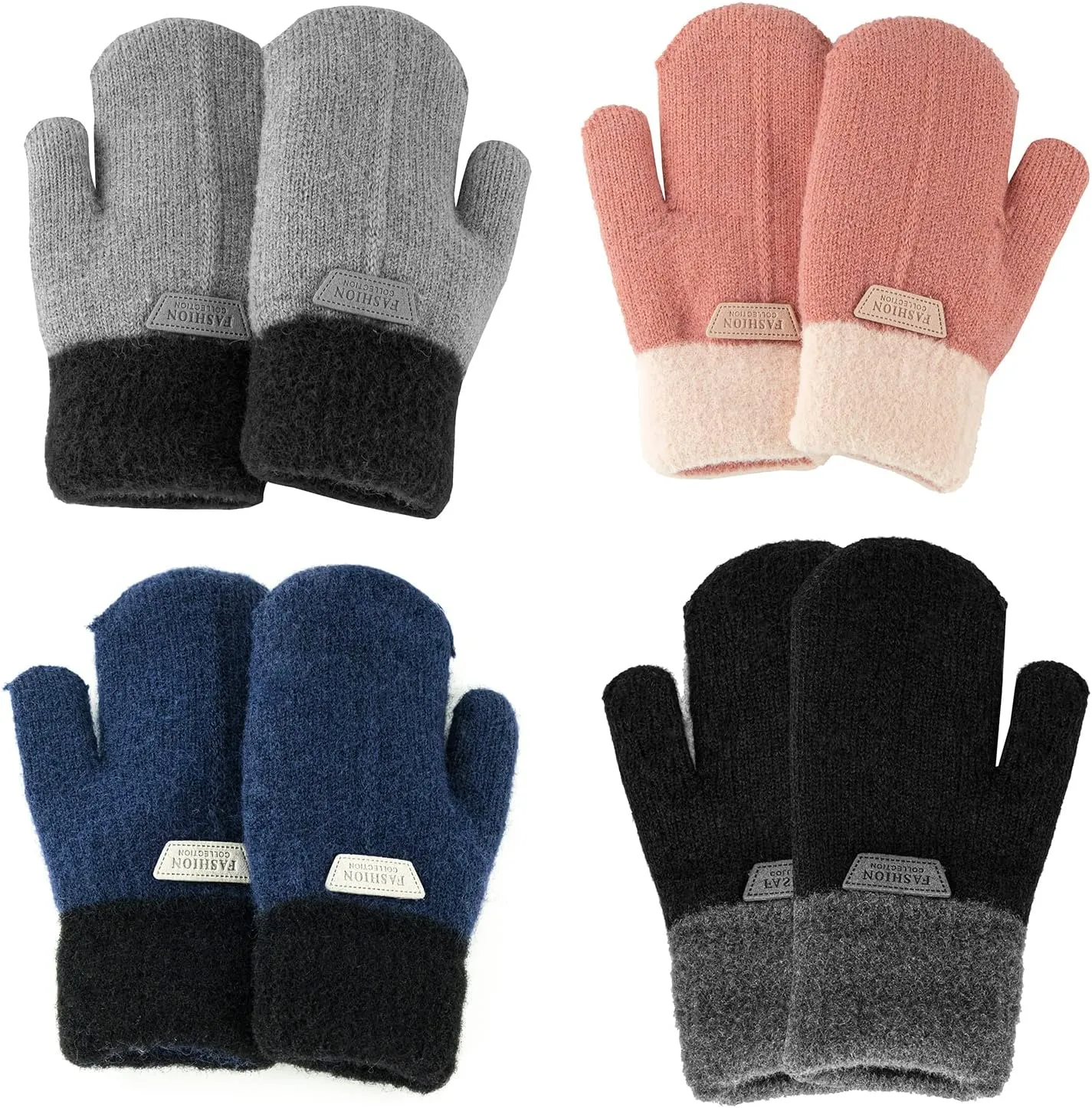 INOGIH Kids Double Layer Warm Knit Mittens Girls Boys Winter Outdoor Gloves for 3-7 Years
