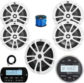 JBL PRV-175 Marine Gauge Hole Mount USB Bluetooth AM/FM Receiver, Remote, Extension Cable, Wire, 10" Subwoofer, 2x 8" 375W Max Multi-Element Speakers, 2x 6.5" 180W Boat Audio Speakers (White)