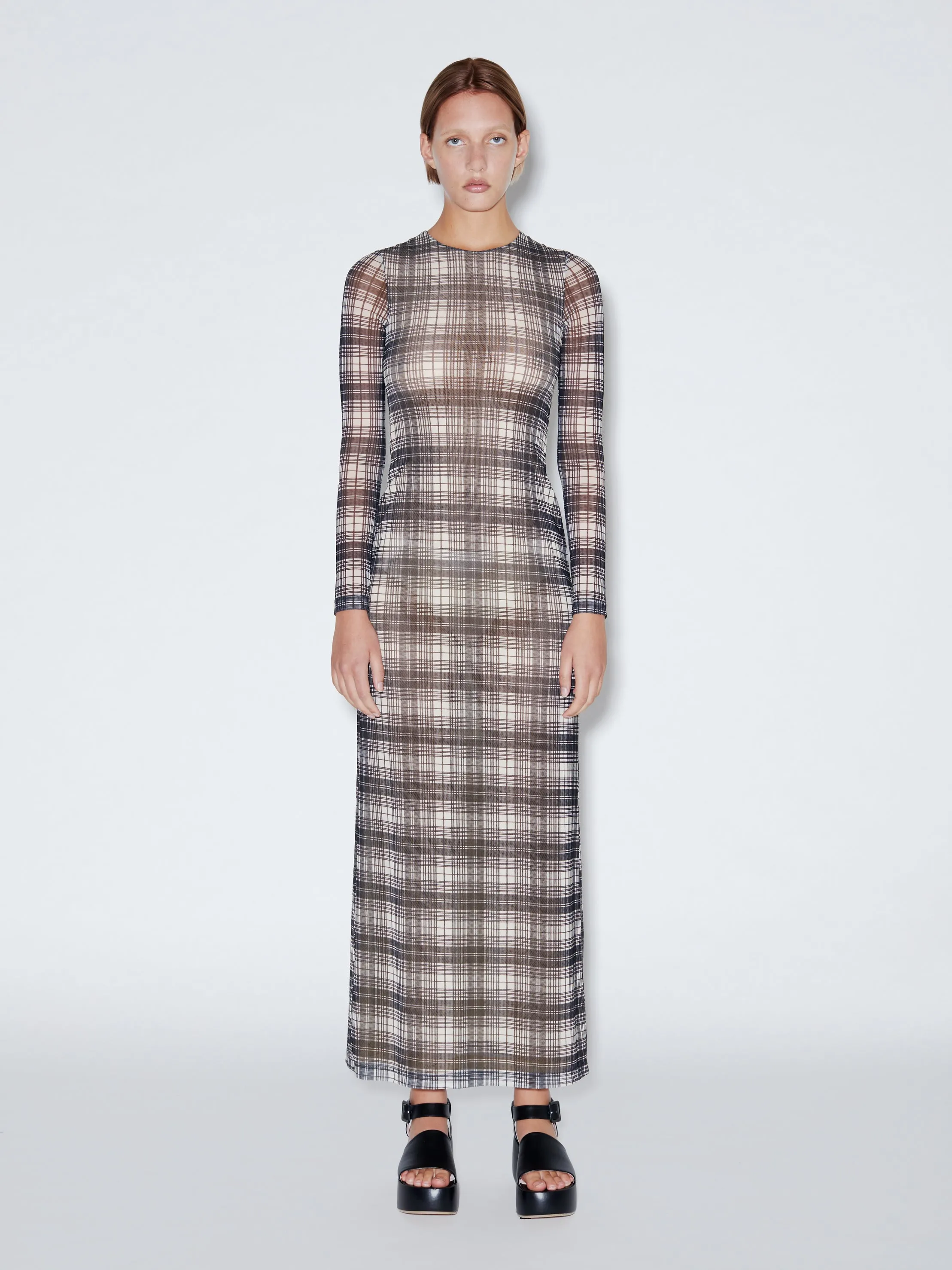 Long Sleeve Crewneck Mesh Maxi Dress