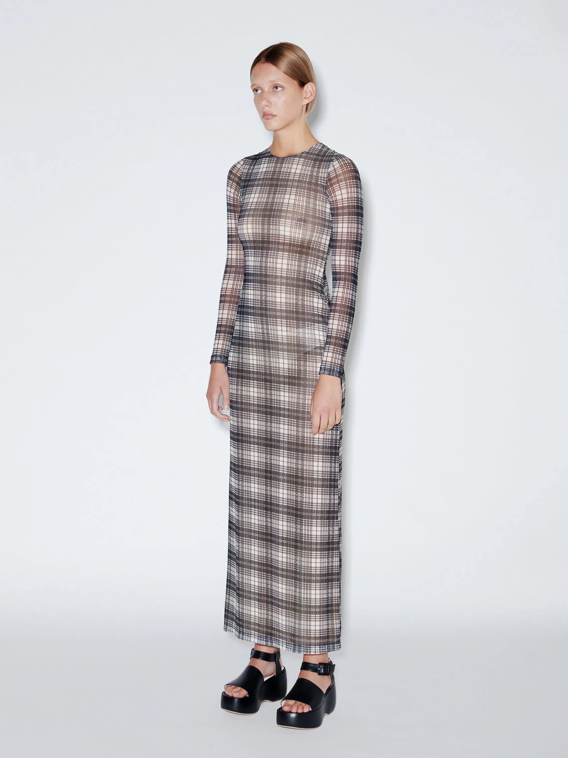 Long Sleeve Crewneck Mesh Maxi Dress