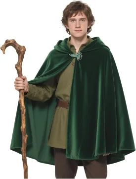 L'VOW Medieval Hobbit Cloak Renaissance Elf Hooded Cape Lord of The Rings Velvet Green Cloak with Hood