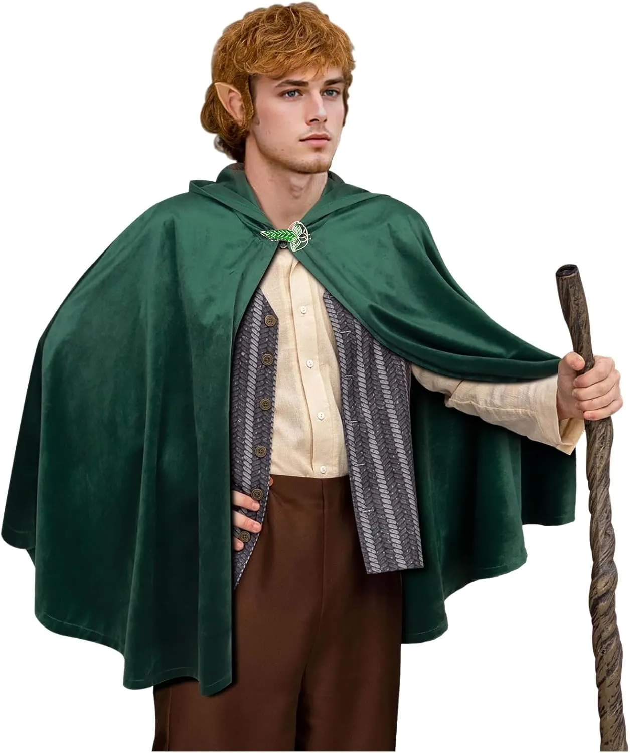 L'VOW Medieval Hobbit Cloak Renaissance Elf Hooded Cape Lord of The Rings Velvet Green Cloak with Hood