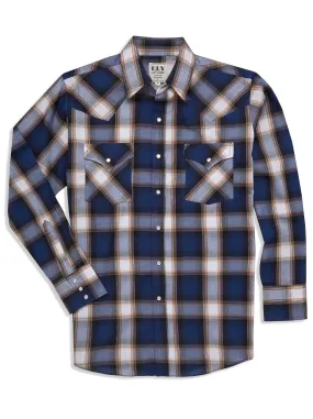 Men's Ely Cattleman Long Sleeve Textured Dobby Plaid Western Snap Shirt- Navy & Rust