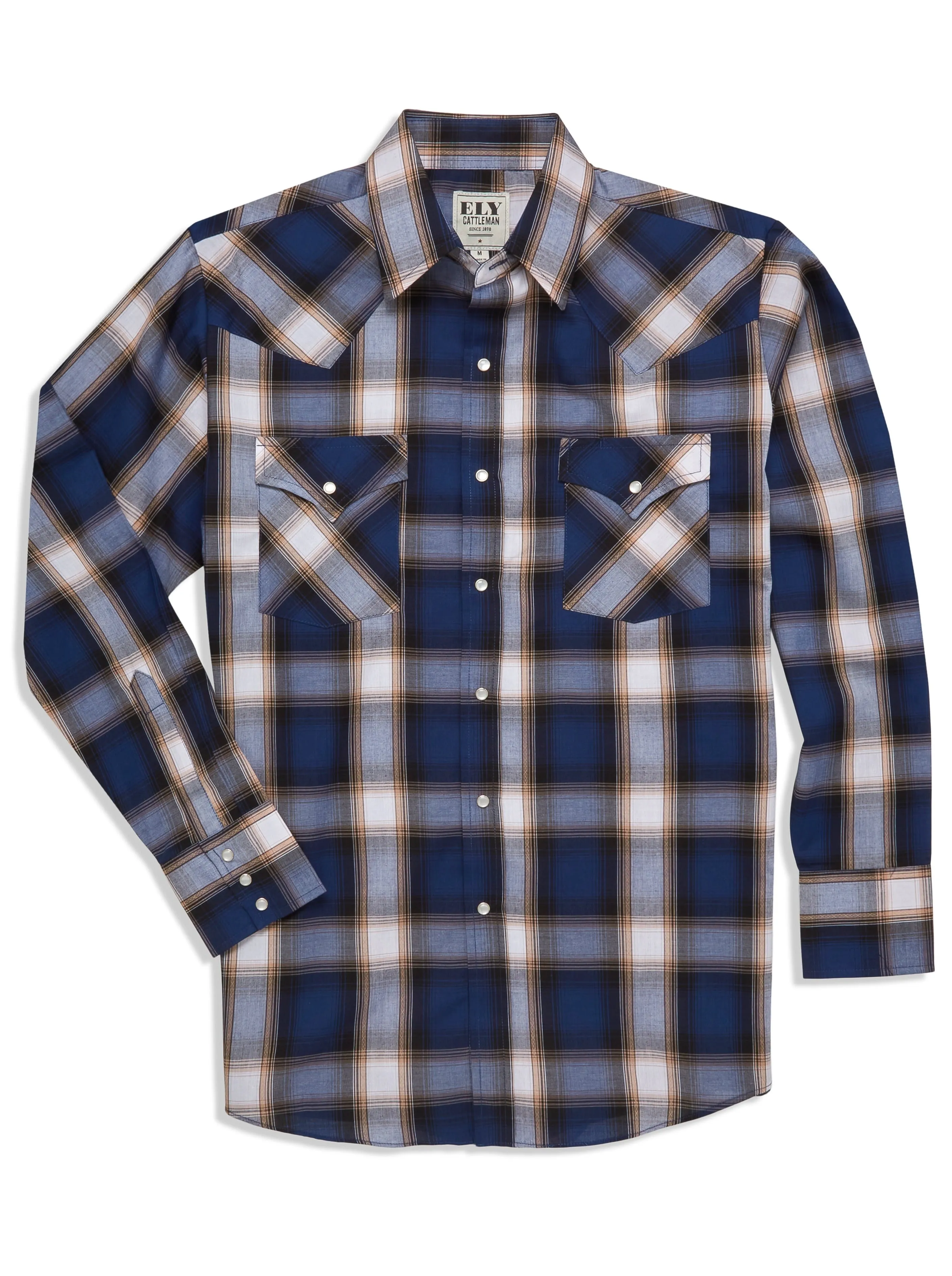 Men's Ely Cattleman Long Sleeve Textured Dobby Plaid Western Snap Shirt- Navy & Rust
